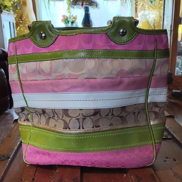 Coach Handbags - Coach Multicolor Signature Stripe Tote in Pink, Green & Tan